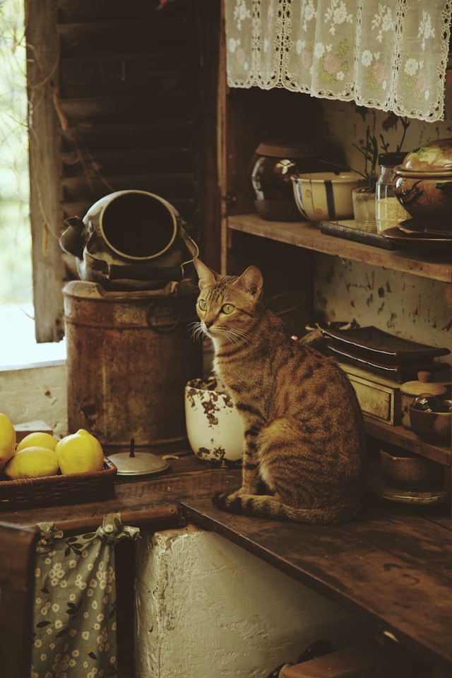 An calm, alert cat on a kitchen counter.